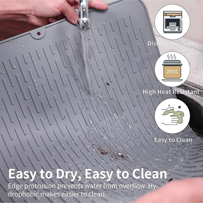 Extra Large Silicone Dish Drying Mat - XL Size 23' x 18' Dish Rack Mat for Kitchen Counter Heat-resistant Rubber Non-Slip Eco-friendly BPA Free Grey