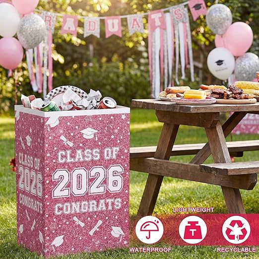 Tinlade 6 Pack 2026 Pink White Graduation Decoration 13 Gallon Disposable Trash Cans Class of 2026 Party Garbage Bins Large Waterproof Foldable Recycle Pop up Bins for Graduation Party School