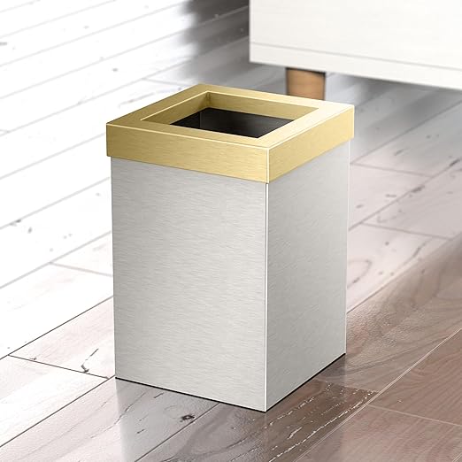Gatco Small Bathroom Trash Can with Lid Square 3 Gallon Stainless Steel Wastebasket Under Sink Satin Nickel and Brushed Brass for Bathroom Bedroom Office (1914B)