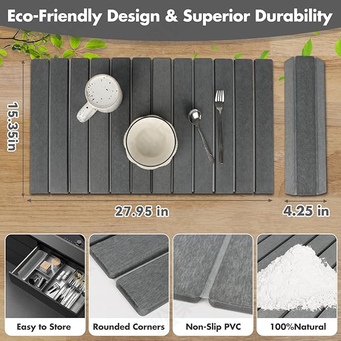 Extra Large Stone Dish Drying Mat for Kitchen Counter 28×16 Eco-friendlyInstant Drying PadDiatomaceous Earth Water Absorbing Mat Foldable and Super Absorbent Dish Drying Stone Mat Dark Gray