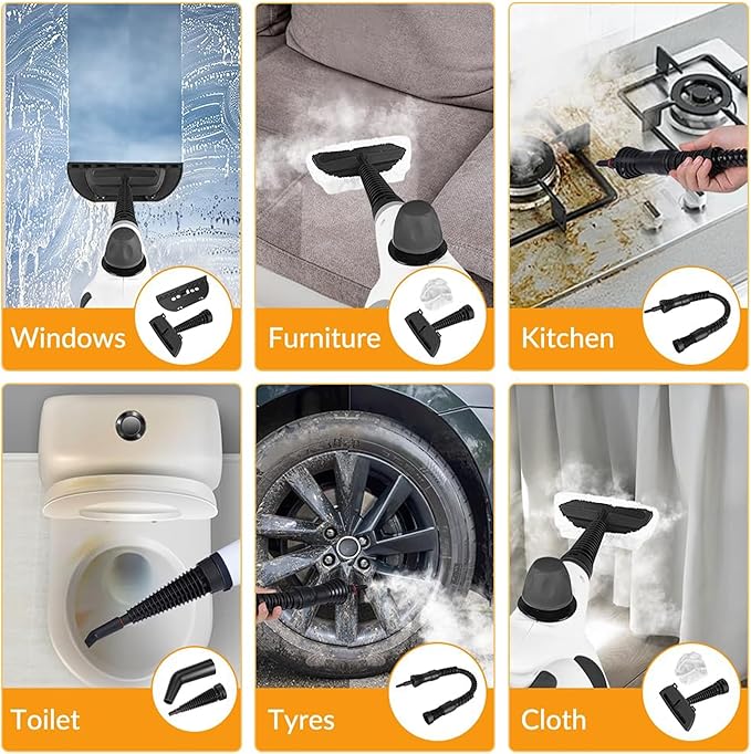 Saker Plus Handheld Steam Disinfection Cleaner-1500W High Pressure Multi-Surface steam cleaner handheld with 9 Attachments for Home Kitchen Bathroom Tile Grout Upholstery (Cleaner + 4 fiber cloth)