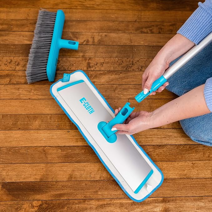 E-Cloth Easy-Click Home Cleaning Supplies Set - Dust Broom &amp Flat Mop Kit for Floor Cleaning Wall Ceiling &amp Floor Duster Adjustable Handle Interchangeable Heads Washable Pads No Refills