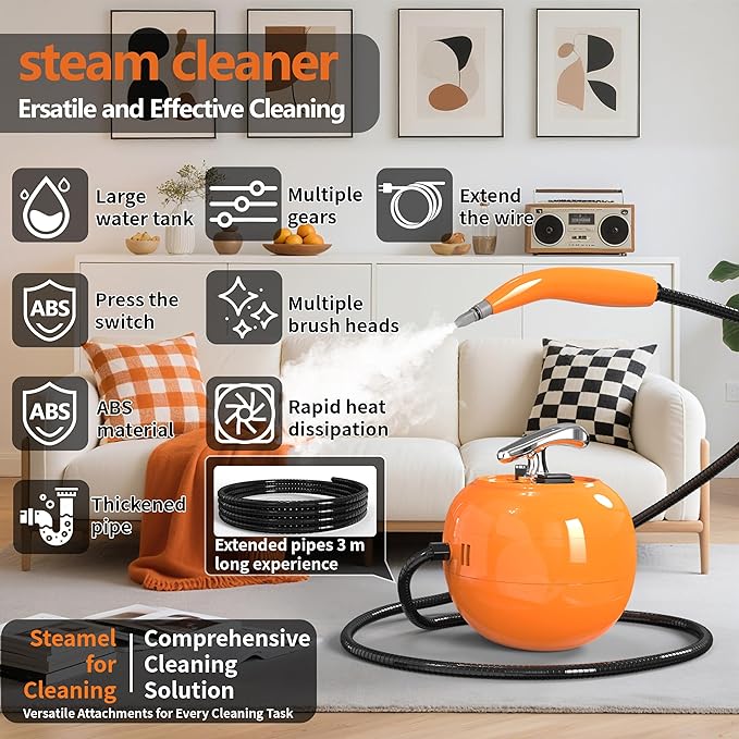 2000W Handheld Steam Cleaner 248°F High Temperature Multipurpose Steam Cleaners with 1500ml Tank 6 Adjustable Gear for Home Kitchen Grease Car Cleaning Orange