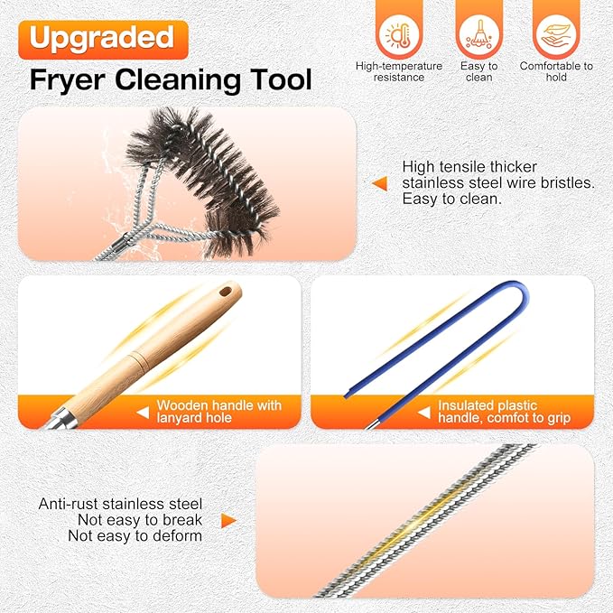 Fryer Cleaning Tools Set of 3 Stainless Steel Deep Fryer Basket Brush Long Handle L-Shaped Crevice Cleaning Brush and Cleanout Rod Kit for Kitchen Restaurant Electric Fryer Degreasing Scrubber Tool