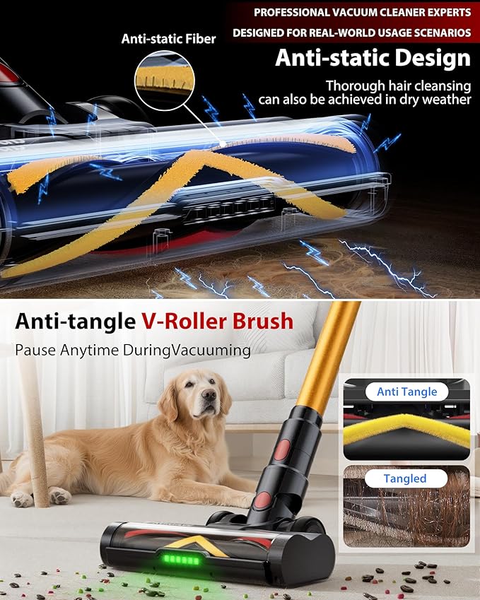 Cordless Vacuum Cleaner 75Mins/55KPa/650W Self-Standing Stick Vacuum Cleaners for Home Rechargeable Lightweight Anti-Static&ampAnti-Tangle Brush for Hard Floor Carpet Hardwoods Pet Hair
