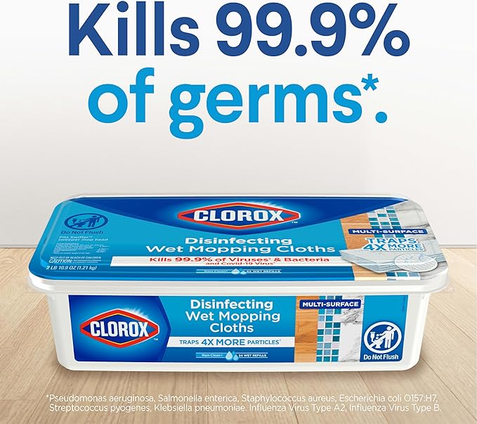 Clorox Disinfecting Wet Mop Pad Disposable Mop Heads Multi-Surface Floor Wipes Rain Clean 2 Packs 24 Wet Refills Per Pack (Package May Vary)
