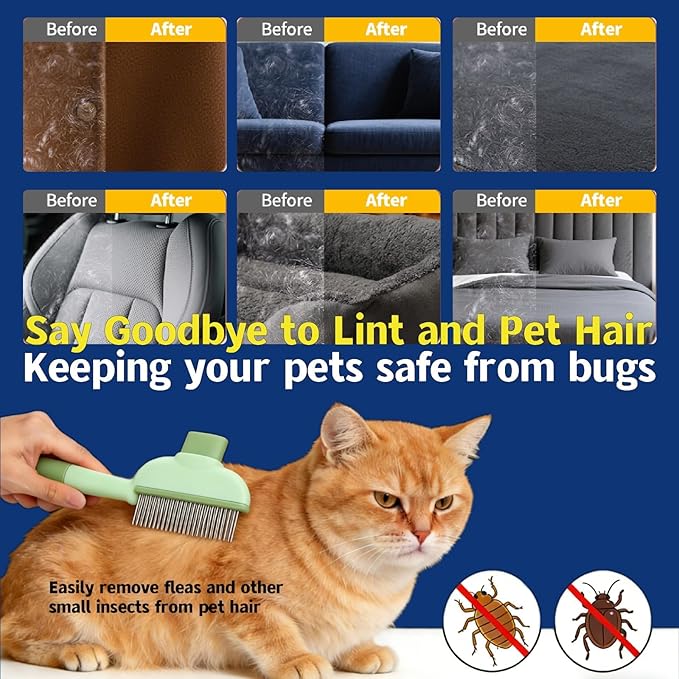 New BIONEMAGILI 4-in-1 Pet Hair Removal Kit - Refillable Lint Roller + Self-Cleaning Deshedding Comb + Electrostatic Glove + Soft Rubber Bath Brush Multi-Surface Hair Remover for Cats/Dogs/Blue