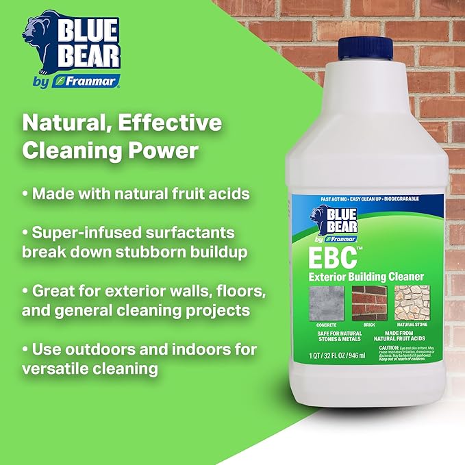 Blue Bear EBC Exterior Building Cleaner - Natural Fruit Acid Concentrate for Brick Stone Concrete &amp Metal-Removes Efflorescence Lime Residue Moss Algae &amp Dirt - Low VOC Biodegradable (1