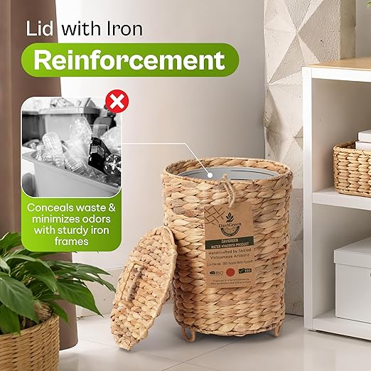 Handwoven Water Hyacinth Trash Can Set (2-Pack) 1.4 &amp 2.9 Gallon Wicker Trash Bins with Lid Removable Liner &amp Raised Feet for Bathroom Bedroom Office &amp Small Spaces