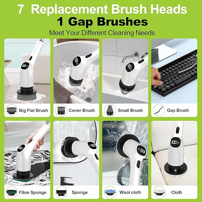 WKY-Electric Spin Scrubber - 10-in-1 Cordless Shower Scrubber &amp Cleaning Brush with Extendable Handle 2 Speeds IPX7 Waterproof Brush Heads LED Display Smart AI Chipfor Bathroom Kitchen White