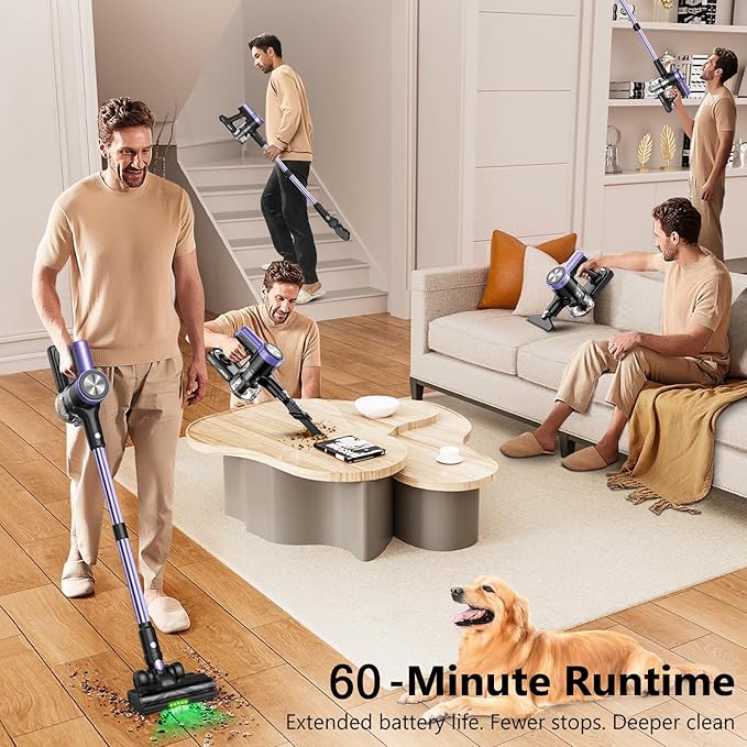 Cordless Vacuum Cleaner 46Kpa/55 Mins Vacuum Cleaners for Home Self-Standing Stick Vacuum Purple