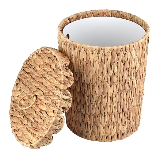 2.6 Gallon Wicker Trash Can with Scalloped Edge Lid Wicker Waste Basket with Removable Plastic Liner for Bathroom Bedroom Office Home