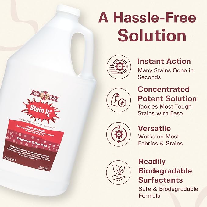 Stain Remover Effectively Eliminates Stains from Wine Berries &amp Blood on Colorfast Fabrics Carpets Upholstery &amp Jewelry Fragrance Bleach &amp Dye-Free Peroxides &amp Phosphates 1 Gall