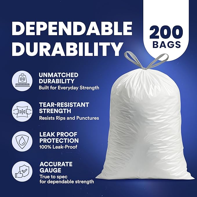 Plasticplace 13 Gallon Trash Bags │ 1.2 Mil │ White Drawstring Garbage Can Liners │ 24 x 31 200 Count (Pack of 1)