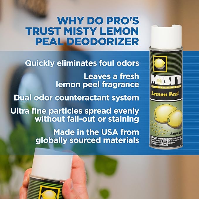 Misty Air Freshening Deodorizing Spray - Lemon Peel - 10 oz (Case of 12) - 1001842 - Premium Odor Neutralizer for Smoke Organic Decay and Other Unwanted Odors