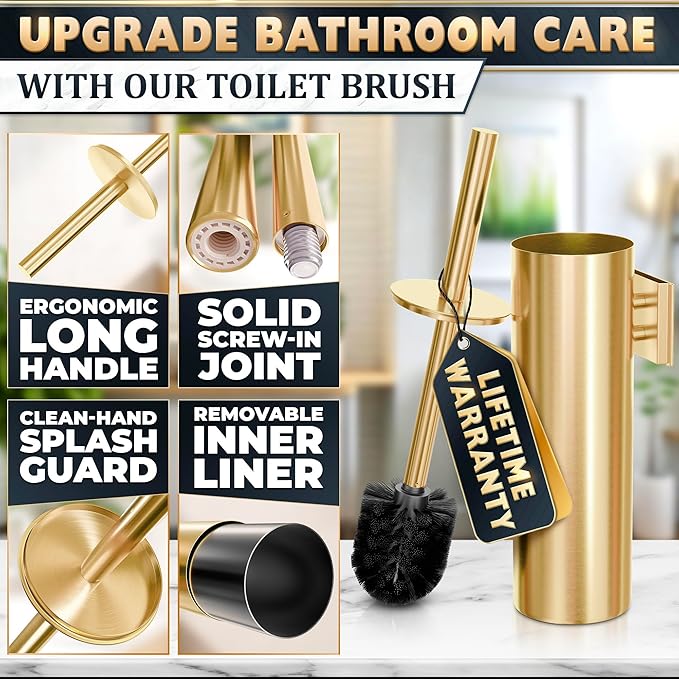 Gold Toilet Brush and Holder Set with Wall Mount - Modern Wall Mounted Toilet Brush Made from Corrosion-Resistant Stainless Steel - Removable Inner Bowl Splash Protection &amp Dense Bristles Supplie