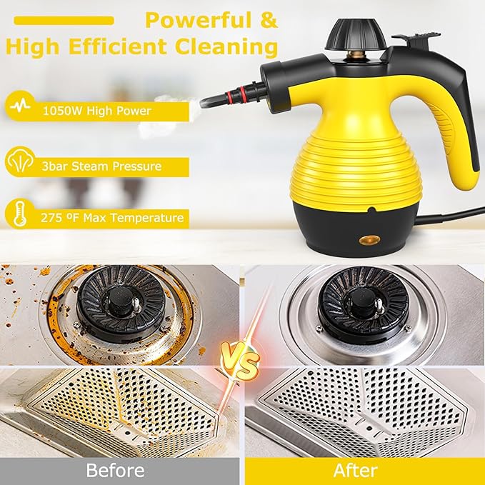 COSTWAY Handheld Steam Cleaner 1050W Portable Household Steamer with 9 Accessories 12 oz Water Tank Multipurpose Pressurized Steam Cleaning Machine for Floor Window Grease Grime (Yellow)