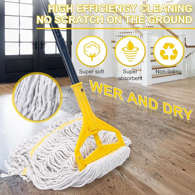 Commercial Mop with 3 Extra Large Replacement Heads59 Long Handle Heavy Duty Industrial Mops for Floor CleaningLooped-End String Wet Cotton Mop for HomeKitchenOfficeGarageConcrete/Tile Floor