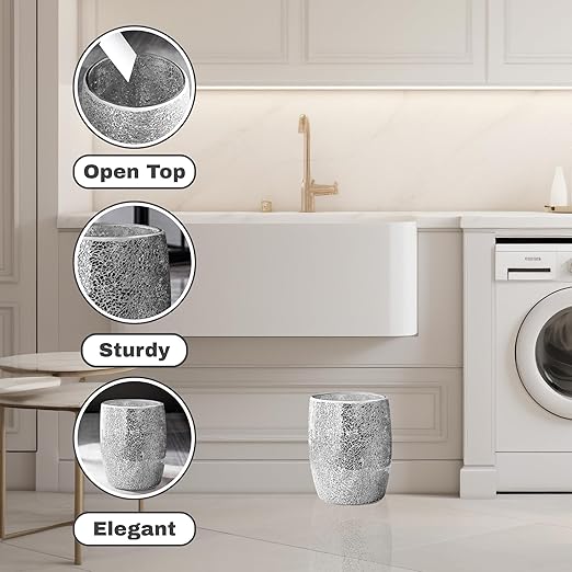 Escenzy Modern Bathroom Trash Can Silver Mosaic Glass 5L | 7 x 10 | Luxury Waste Basket for Restroom Bedroom Office &amp Kitchen | Decorative Small Garbage Can | Silver Glitter Bathroom Accessori