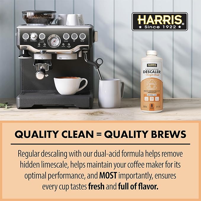 HARRIS Coffee Machine Descaler Descaling Solution 32 fl oz (2 Pack 8 Uses Each) Compatible with Keurig Nespresso Breville DeLonghi Jura &amp Ninja Coffee and Espresso Makers