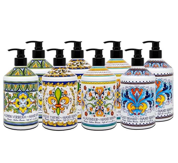 Perugia Italian Deruta Hand Soap - 21.5 fl oz Bottles - 8 pack - Lavendar Sweet Orange Lemon Verbana and Olive Thyme