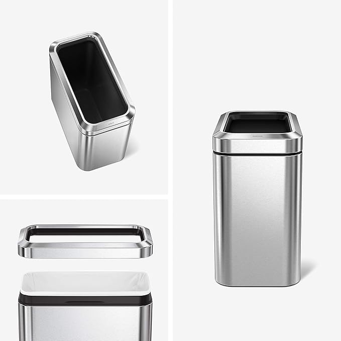 simplehuman 25 Liter / 6.6 Gallon Slim Open Top Small Trash Can Commercial Grade Heavy Gauge Office Trash Can Brushed Stainless Steel