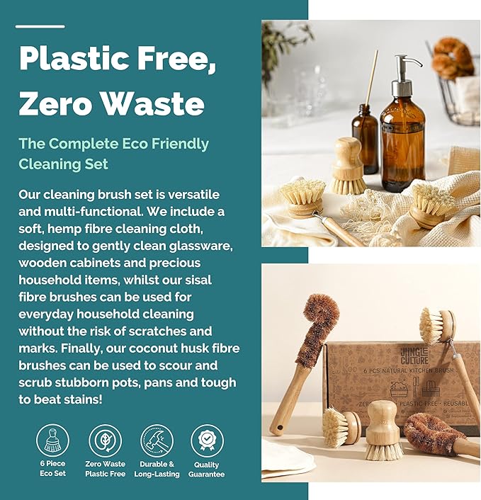 Jungle Culture® 6 Pack Bamboo Dish Brush Set for Washing Up • Natural Wooden Dish Brushes for Pans &amp Dishes • Eco Friendly Dish Scrubber for Bottles Pots &amp Vegetables • Non Toxic &amp Plasti