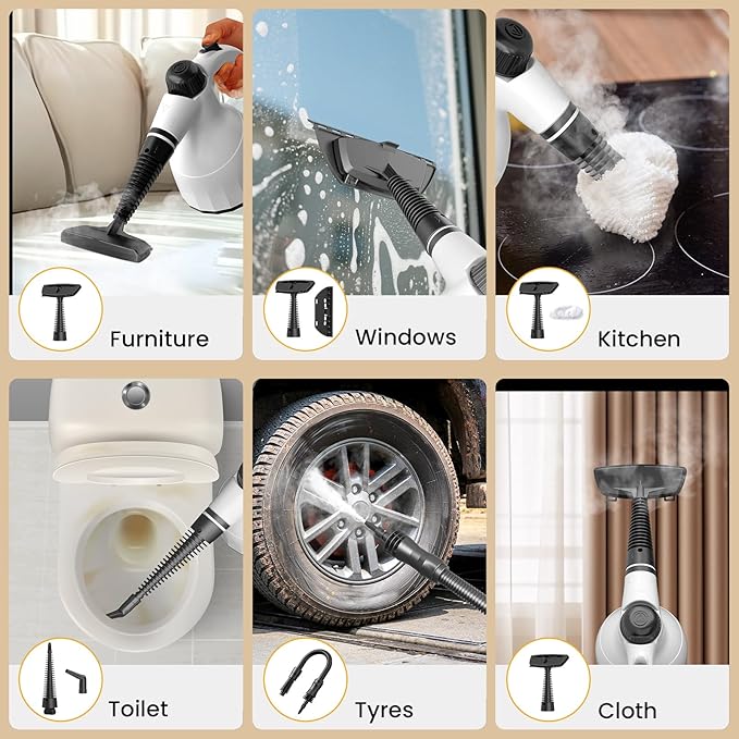 Handheld Steam Cleaner: Multi-Surface Steamer with 10 PCS Accessories Pressurized Natural Steam Cleaner for Home Cleaning Dirt Grease Grout Tile Floor Couch and Car White