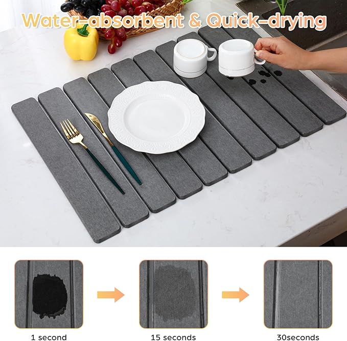 Nuanchu 2pack Large Stone Dish Drying Mat for Kitchen Counter 23.6(L)x15.4(W) Collapsible Diatomaceous Earth Water Absorbing Mat for Dishes Bottles Cups Match Any Countertop(Dark Grey)