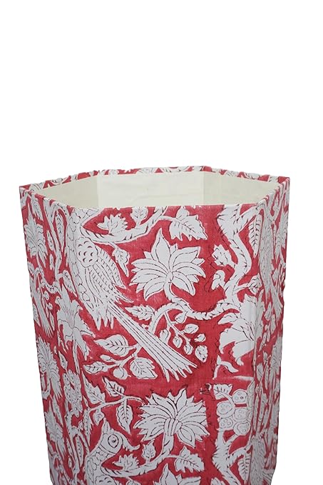 Generic 3.3 Gallon Cotton Hand Block Printed Paper Waste Basket |Small Decorative Trash Can for Housewarming Gifts in Living Room Bedroom Bathroom | Eco-Friendly Plastic-Free (1 RED White MOR)