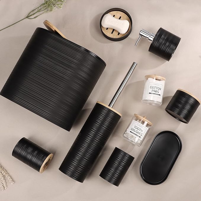 IMAVO Bathroom Accessory Set-11Pcs Black Bathroom Accessories Set with Trash CanSoap DispenserSoap DishToothbrush HolderToothbrush CupToilet Brush HolderQtip Holder Dispenser with Labels