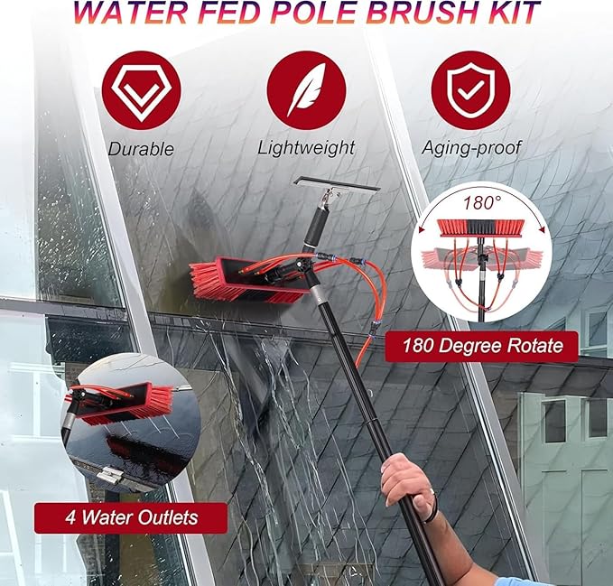 30FT Water Fed Pole Kit for Window Cleaning Extendable Telescopic Brush &amp Squeegee Perfect for Outdoor Glass &amp Solar Panel Cleaning