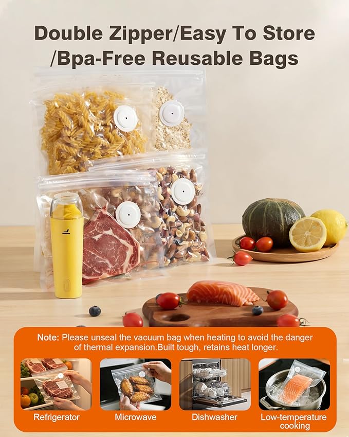 Vacuum sealer for food Chef’s Design to Preserve Freshness Compact Handheld Vacuum Sealer with 30 Reusable Bags Professional-Grade for Food Storage Savers Mustard