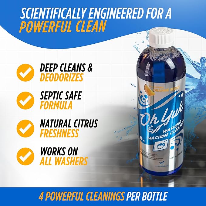 Oh Yuk Washing Machine Cleaner For All Washers (Top Load Front Load HE and Non-HE) Natural Citrus Fragrance Four Cleanings Per Bottle Septic Safe 16 Fl Oz