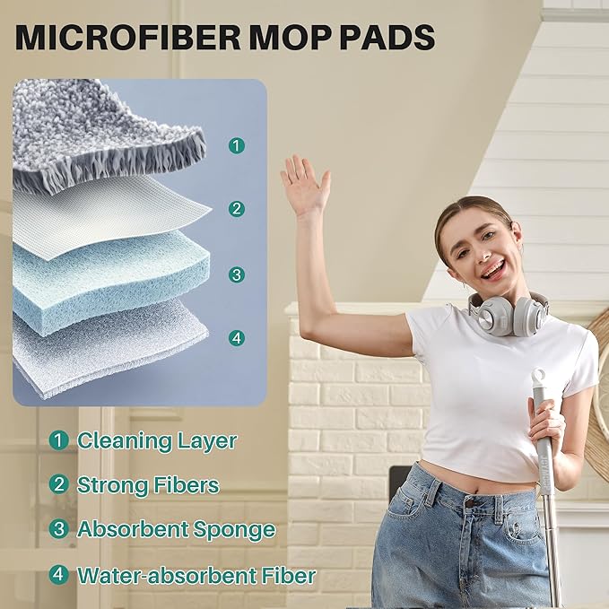 JOYMOOP Microfiber Flat Mop and Bucket System Mops for Floor Cleaning and Wall Cleaner Hardwood Tile Laminate Vinyl Floors Smooth Walls and Glass Windows - 50 Flat Mop+1 Microfiber Pad[White]