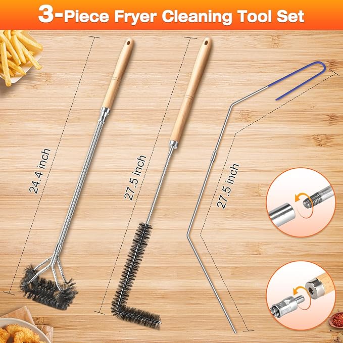 Fryer Cleaning Tools Set of 3 Stainless Steel Deep Fryer Basket Brush Long Handle L-Shaped Crevice Cleaning Brush and Cleanout Rod Kit for Kitchen Restaurant Electric Fryer Degreasing Scrubber Tool