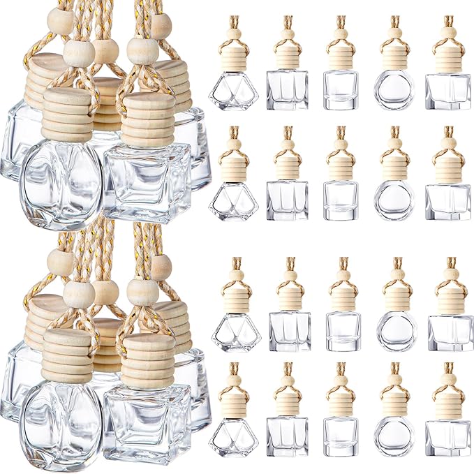 Zubebe 500 Pcs Hanging Car Diffuser Bottles Bulk 5 Styles Empty Glass Refillable Air Freshener Bottles with Wooden Cap for Perfume Essential Oils Fragrance Aromatherapy Ornament 8ml 10ml
