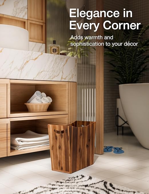 3 Gallons Rectangular Wastebaskets - Acacia Wood Waste Basket with Handles - Small Trash Can for Bathroom - Brown Garbage Bin for Spa Bathroom Decorative Kitchen Counter Living Room (Walnut)