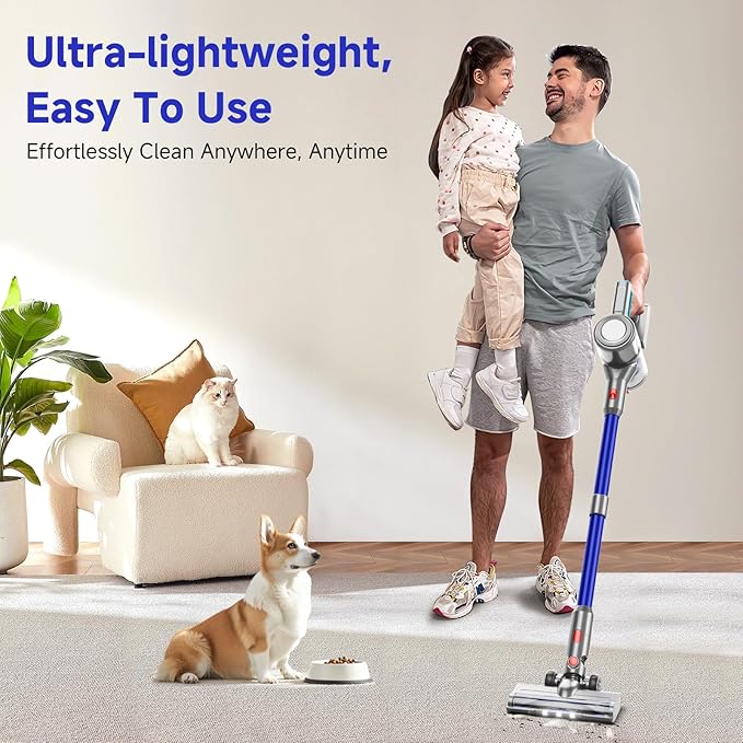 KIKETECH Cordless Vacuum Cleaner Stick Vacuum Cleaners for Home 6 in 1 Lightweight Vacuum for Pet Hair/Carpet/Floor (Blue)