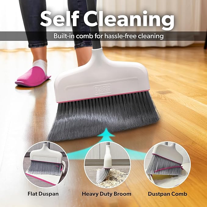 BLACK+DECKER Butler Broom &amp Dustpan Set - Stand-Up Design - Lightweight Space-Saving Combo for Kitchen Living Room Bathroom Lobby Floors - Home Cleaning Essential White/Pink