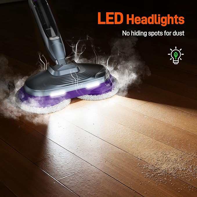Scrub &amp Steam Mop with Rotating Mop Pads LED Headlights 6 Scrub Pads Large Tank Swivel Steering Effortless Scrubbing Hard Floor Cleaner Upgraded