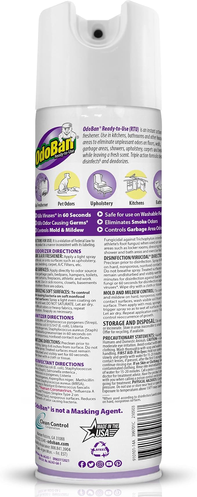 OdoBan Ready-to-Use 360-Degree Continuous Spray Disinfectant and Harsh Aroma Eliminator Fabric and Air Freshener 6 Pack 14.6 Ounces Each Lavender Scent