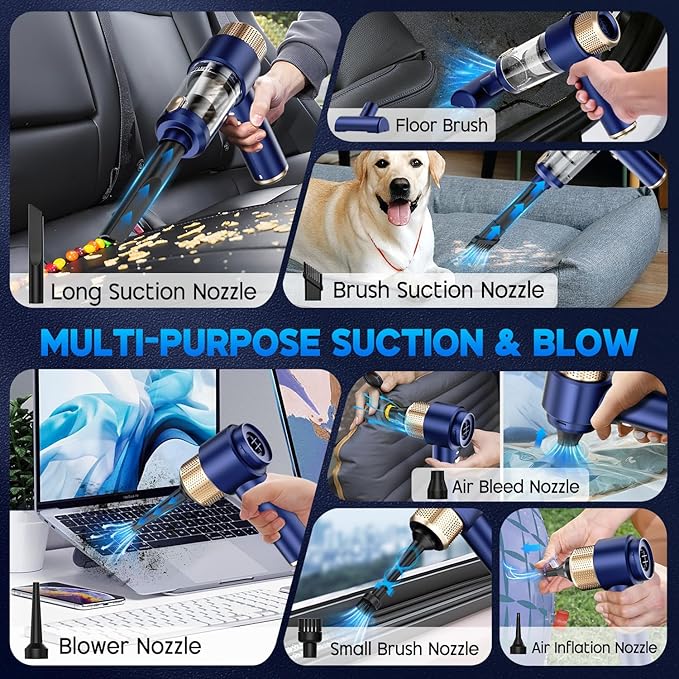JONYJ Handheld Car Vacuum Cleaner 16000PA Hand Held Vacuum Portable Cordless 2 in 1 Air Duster and Vacuum Cleaner with LED Light Multi-Nozzles 120W High Power Mini Vacuum for Home Pet Office