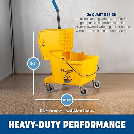 Carlisle FoodService Products 26-Quart Commercial Mop Bucket with Side-Press Wringer Precision-Molded Polypropylene Durable Wringer Bucket with Non-Marking Casters 18.5 x 16.5 x 23 Inches Blue