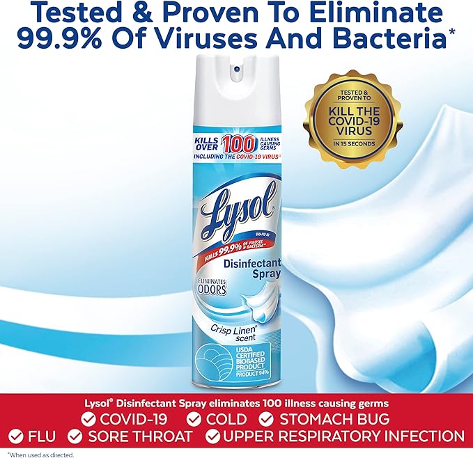 Lysol Bundle containing x2 Lysol Disinfectant Spray for Hard and Soft Surfaces Crisp Linen 19 Fl. Oz + Lysol Air Sanitizer Spray For Air Sanitization and Odor Elimination White Linen 10 Fl. Oz