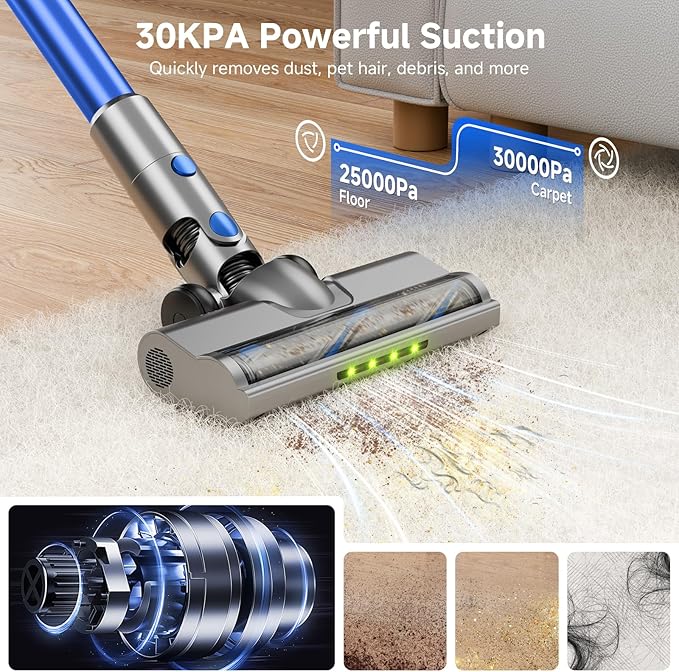 Cordless Vacuum Cleaner for Home Powerful Stick Vacuum with Rechargeable Battery Green Light Anti-Tangle Brush 6-in-1 Lightweight Handheld Vacuum for Pet Hair Hard Floor Carpet Blue
