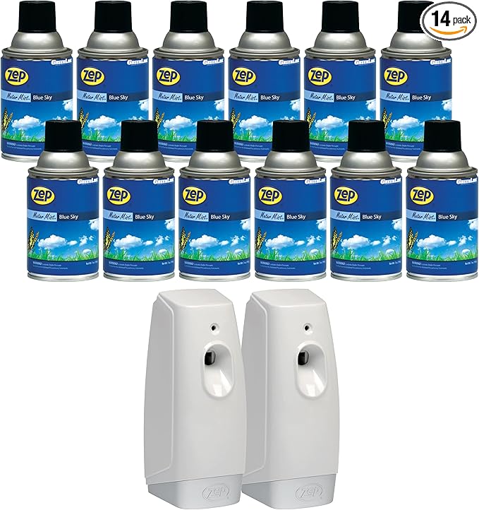 Zep Metered Mist Blue Sky Air Freshener Refill (Case of 12) with Meter Mist 3000 Ultra Dispenser (2 Pack) - 336201 - Lasts Up To 30 Days and Neutralizes Tough Odors