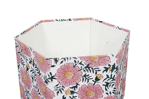 3.3 Gallon Cotton Hand Block Printed Paper Waste Basket |Small Decorative Trash Can for Housewarming Gifts in Living Room Bedroom Bathroom | Eco-Friendly Plastic-Free (1 Green Pink Sun FLOWAR)