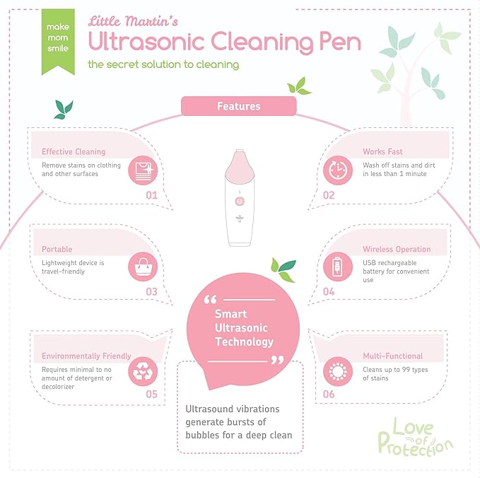 Little Martin’s Ultrasound Cleaning Pen – Handy Portable Handheld Stain Removal Fighter Washing Machine – Laundry Cleaning at Office Home Outdoor Traveling Emergency – Environmentally Friendly (Pink)
