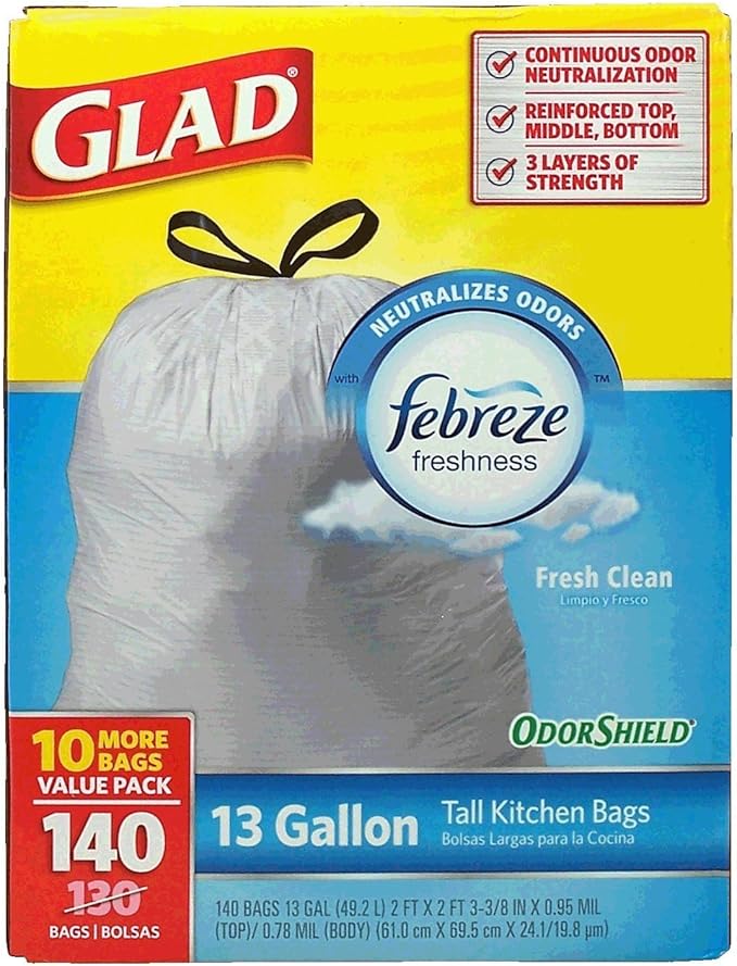 Glad 13 Gallon Odor Shield Tall Kitchen Trash Bags 140 Count